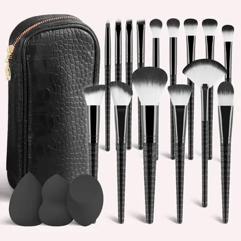 15-Piece Complete Makeup Brush Kit with Bag & 2 Sponges