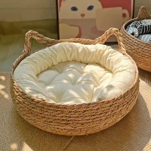 OUZEY Rattan Weaving Round Cat Basket Bed with Cushion