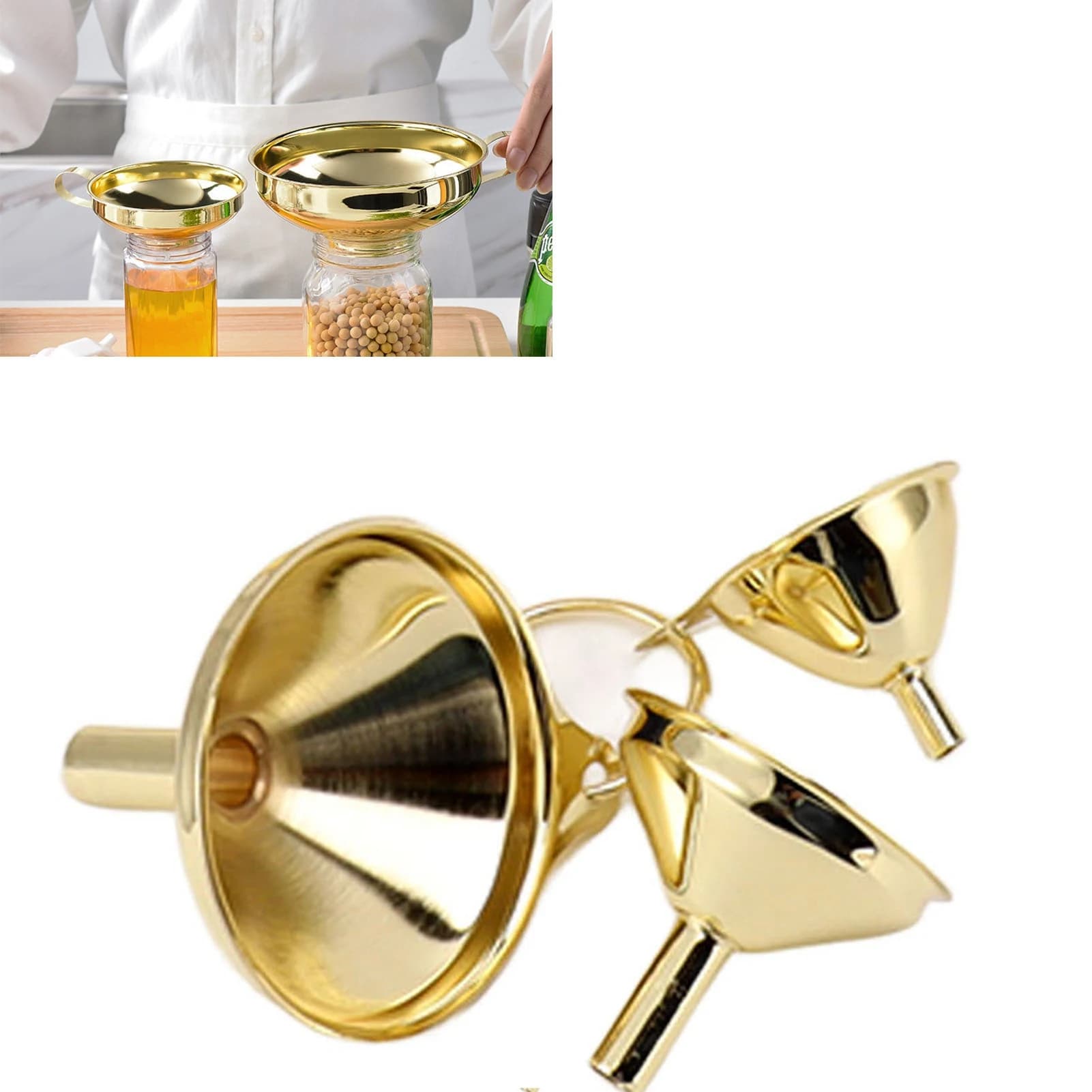 3-Piece Gold Stainless Steel Funnel Set, Kitchen Tools for Oil and Liquids