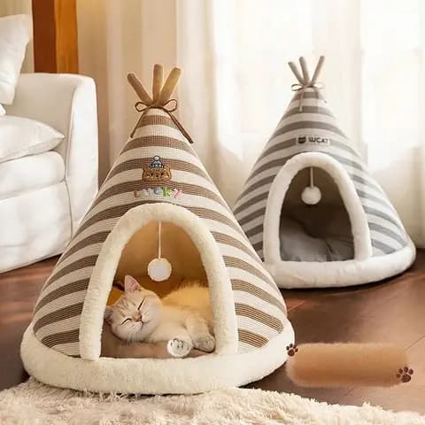Self-Warming Plush Cat Tent Bed with Removable Cover