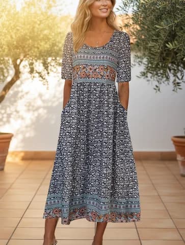 Bohemia Print Round-Neck Short-Sleeve Maxi Dress