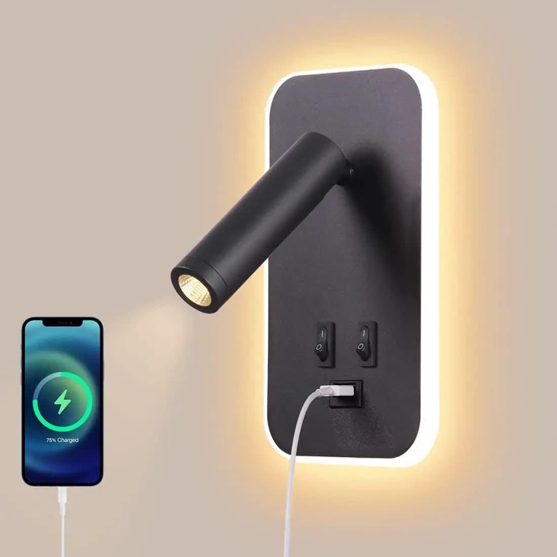 Rotatable Bedside Wall Lamp with USB Port and Reading Light